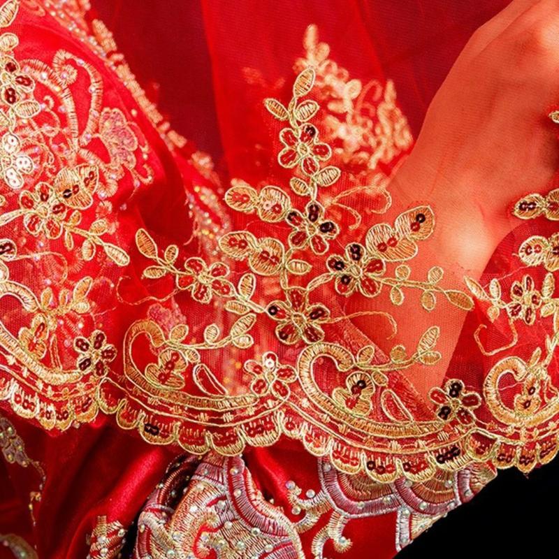 Product Introduction of Romantic Gauze Embroidery Red Bridal Veil Lace Ancient Chinese Wedding Gowns Mesh Short Xiuhe Dress Veil Party 10