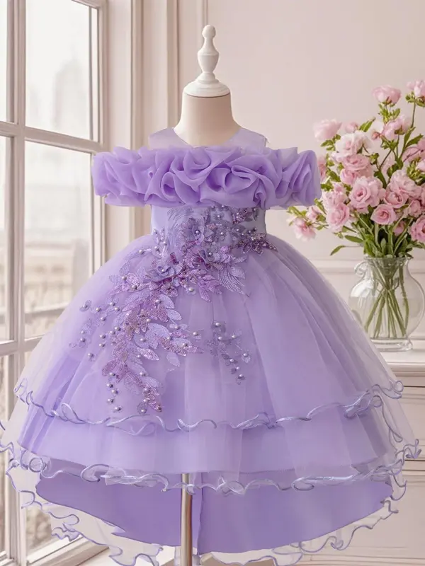 Girl's Sequin Decor Multi-layer Tulle Party Dress, Elegant Flower Design Sleeveless Sweater Dress for Party Performance Wedding Guest, Kids Clothes for Four Seasons, Tutu Princess Dress 4