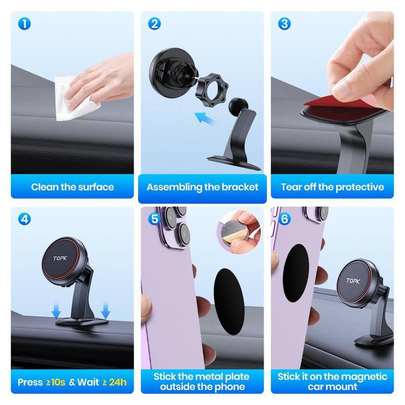 Product Introduction of TOPK Magnetic Car Phone Holder, 360° Adjustable Car Phone Mount, Universal Car Interior Accessories for iPhone Samsung Devices 7