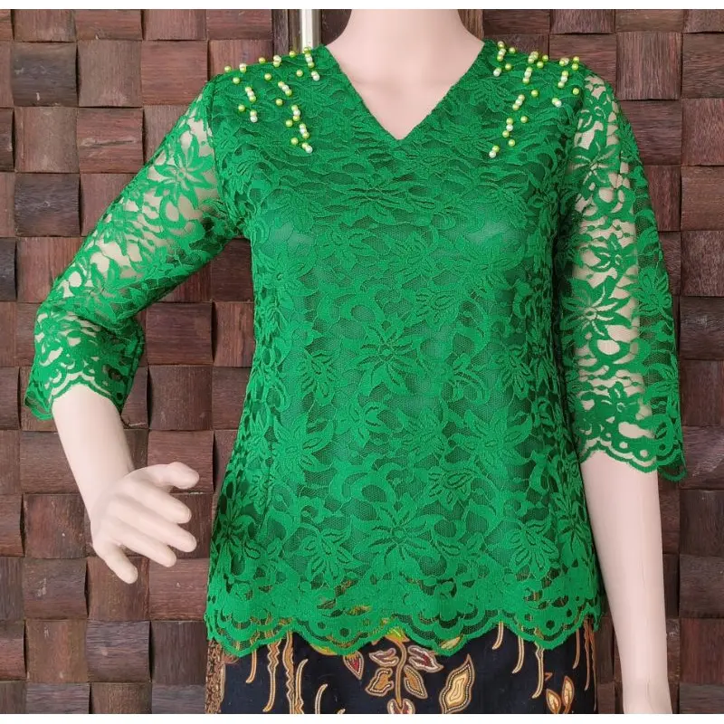 Atasan Blus Brokat Renda Premium Terbaru Ellove, Leher V Tangan Lurus, Pakai Furring Resleting Belakang. 4