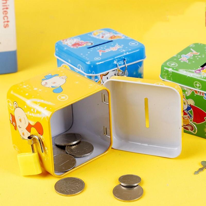 Random Color With Lock and Key Tinplate Piggy Bank Cartoon Print Design Cute Coin Savings Box Iron Art High Capacity Kids Storage Jar Girl 4
