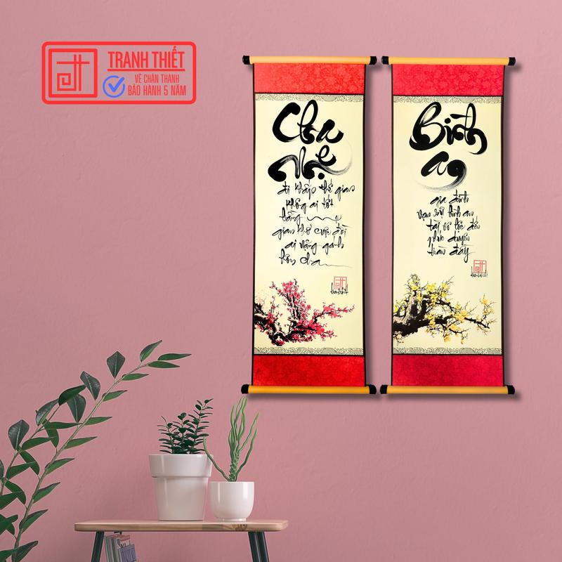 Bộ 2 tranh thư pháp viết tay Cha mẹ Bình an, Giấy bo vải lụa cao cấp, Treo tường trang trí đẹp 2