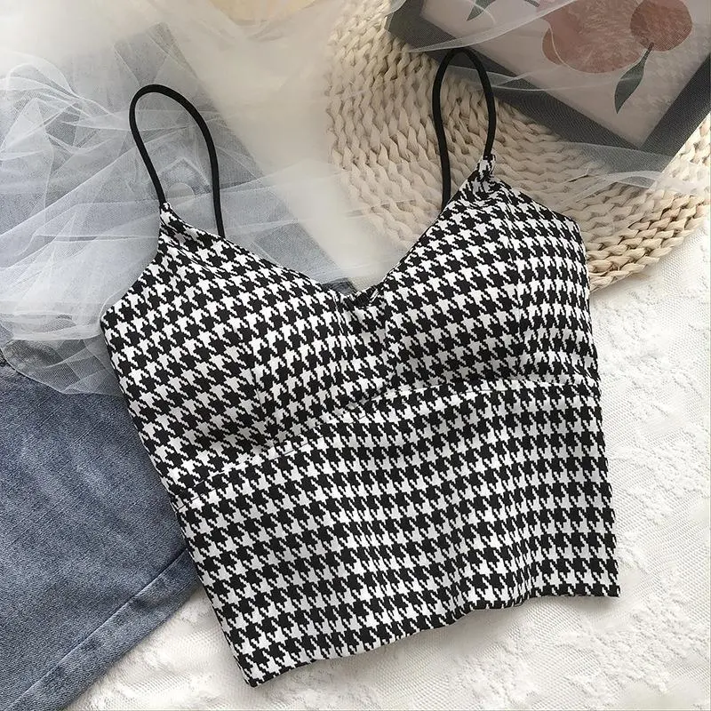 Summer Korean Style Ice Silk Houndstooth Beauty Back Sexy Underwired Padded Vest Girl Sling Vest Wrapped Chest