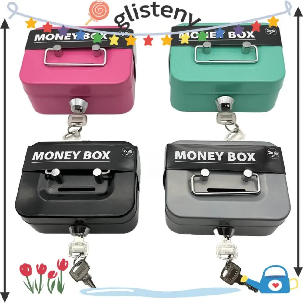 GLISTENY Cash Storage Box, 4.53" x 3.35" with Lockable Cover Key Lock Cash Box, Cute Toys Small with Handle Metal Money Organizer Kids