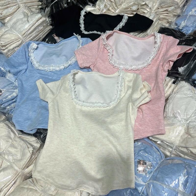 Áo Thun Nữ Cổ Bầu Viền Ren Xinh Xắn. Thiết Kế Vạt Bầu Hack Eo, Chất Vải Thun 2 Da Loại 1 Dày Dặn Y Hình Women Top Voi Jean Voan Sơ Mi Shirt