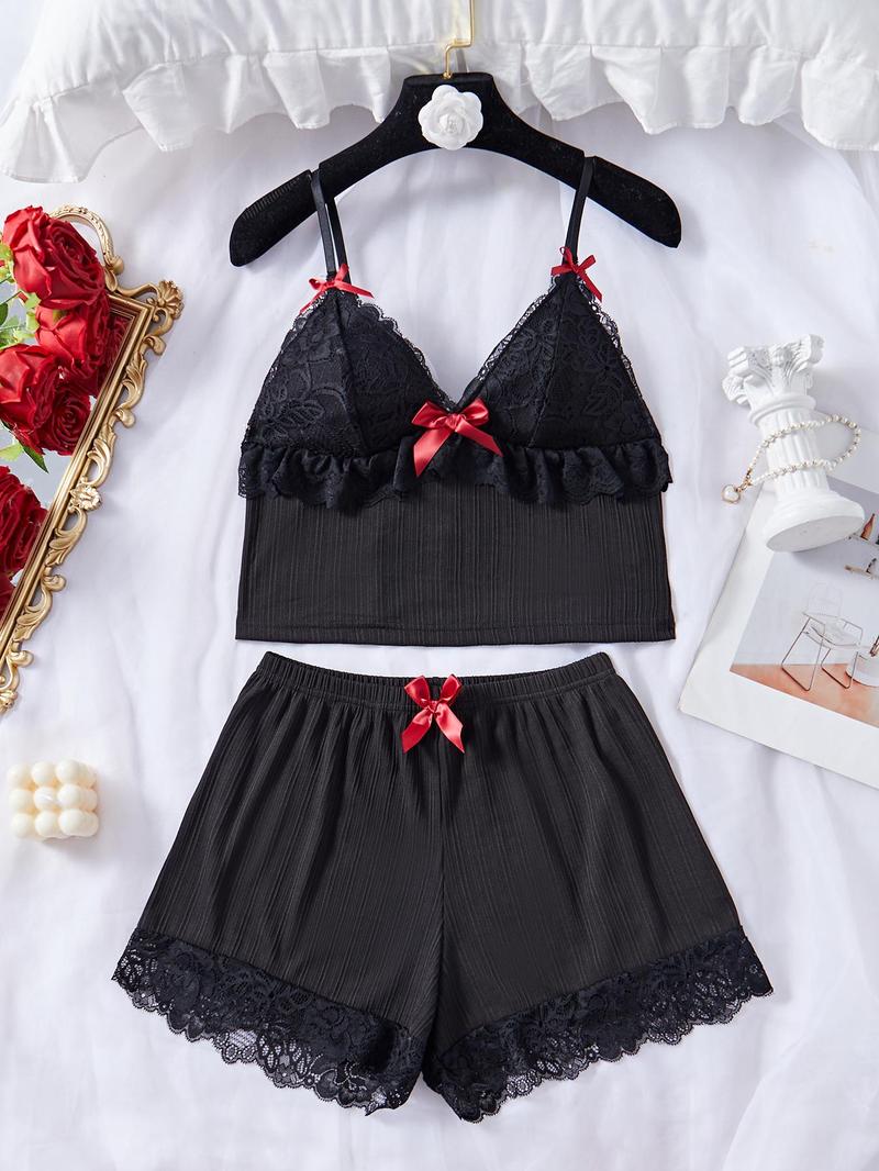 Product Introduction of Women's Plain Bow Decor Crop Cami Top & Lace Trim Shorts Pyjama Set, Casual Comfy Spaghetti Strap Camisole & Elastic Waist Shorts PJ Set, Ladies Sleepwear for All Seasons 3