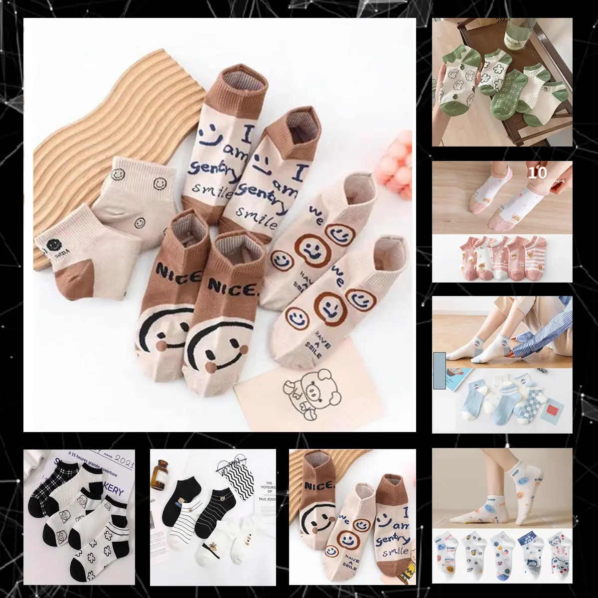 Set 5 tất nữ cổ ngắn hoạ tiết đáng yêu BRALUNE,tất vớ nữ ngắn cute dành cho nữ