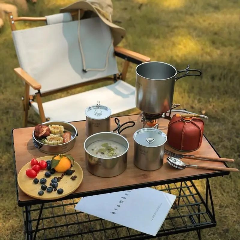 Stainless Steel Folding Cup & Bowl Set, 5 Counts/set Camping Cookware Set with Storage Bag, Suitable for Outdoor Cooking, Picnics, Camping and Hiking