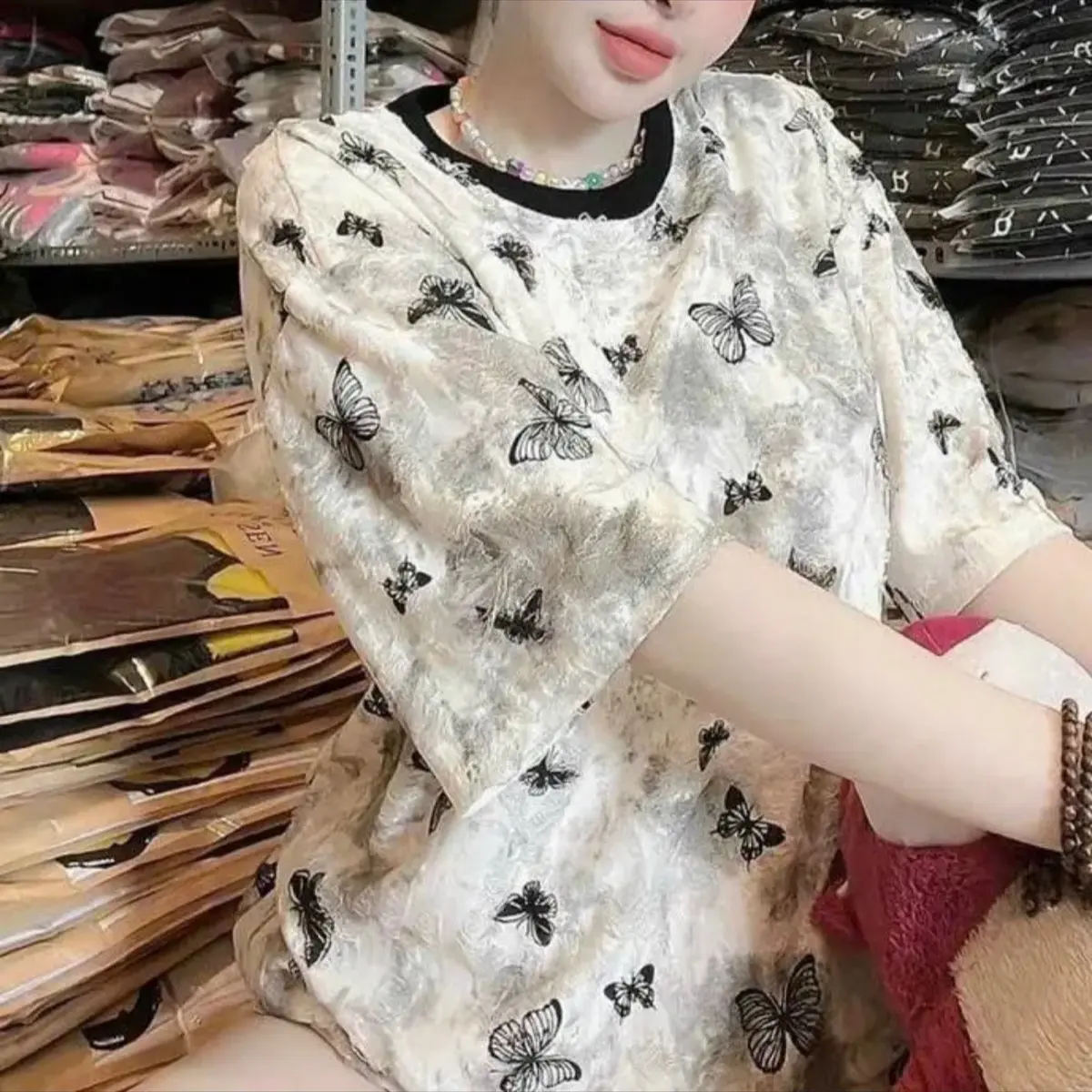 Áo phông rộng xước rách cotton Hình buom in full Top Nữ Women Rách Full