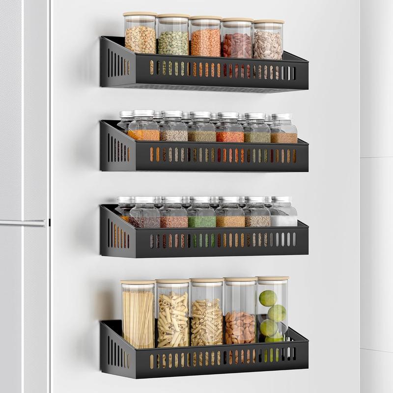 TikTok Shop 4 Pack Magnetic Spice Rack for Refrigerator Magnet Fridge Storage Organizer Microwave Oven Movable Seasoning Shelf Large Capacity Metal Home Kitchen Organization Holder Black