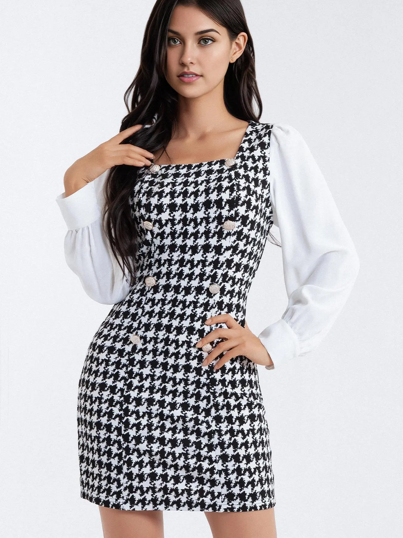 Women's Houndstooth Patchwork Dress, Elegant Square Neck Long Sleeve Dress for Spring & Fall, Women's Clothing for Daily Wear