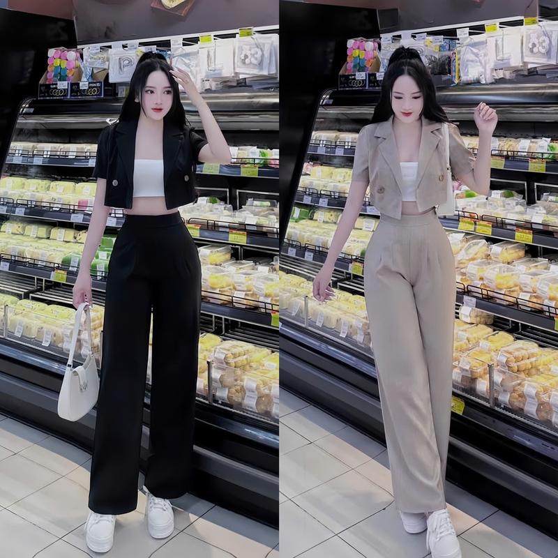 Set đồ nữ 3 món áo croptop cổ vest tay ngắn kèm lót tăm gân mix quần dài ống suông sang chảnh phù hợp cho các nàng diện đi chơi, đi làm, đi tiệc Women