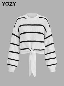 YOZY Women's Striped Print Tie Front Drop Shoulder Sweater, Casual Long Sleeve Round Neck Jumper, Fashion Ladies' Knitwear for Daily Wear