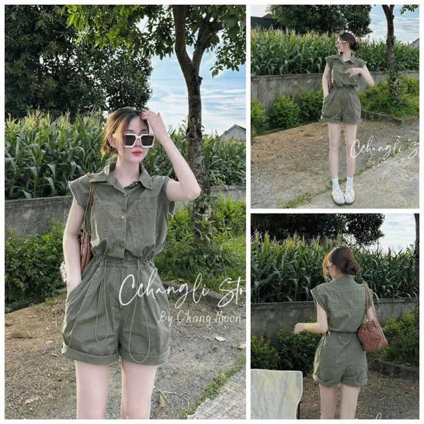  JUMPSUIT JEAN thiết kế theo phong cách năng động cá tính jum rêu tay hến cổ sơ mi rút dây eo dáng ngắn siêu tôn dáng 