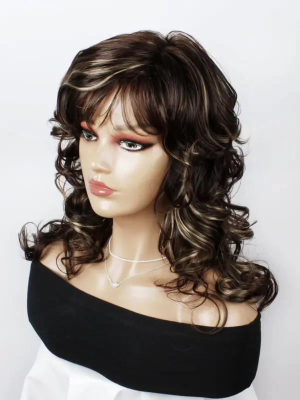 18 Inch Mixed Color Long Wavy Wigs For Women, Gorgeous Fluffy Wigs With Bangs, Synthetic Full Machine Wigs For Parties, Daily Use 3