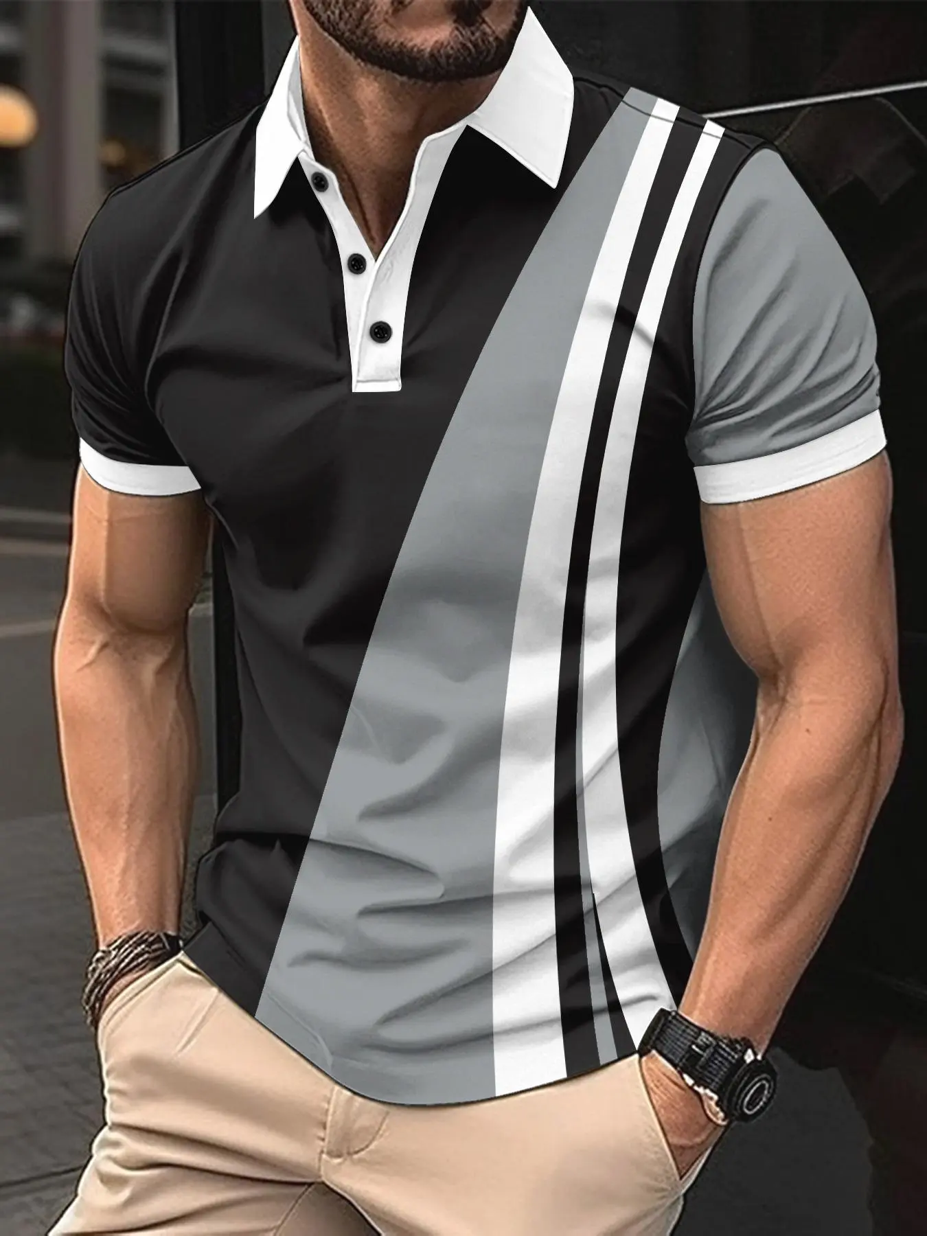 Men's Colorblock Button Front Half Placket Polo Shirt, Regular Fit Casual Breathable Comfortable Short Sleeve Collared Top for Summer, Fashion Men's Clothes for Daily Wear