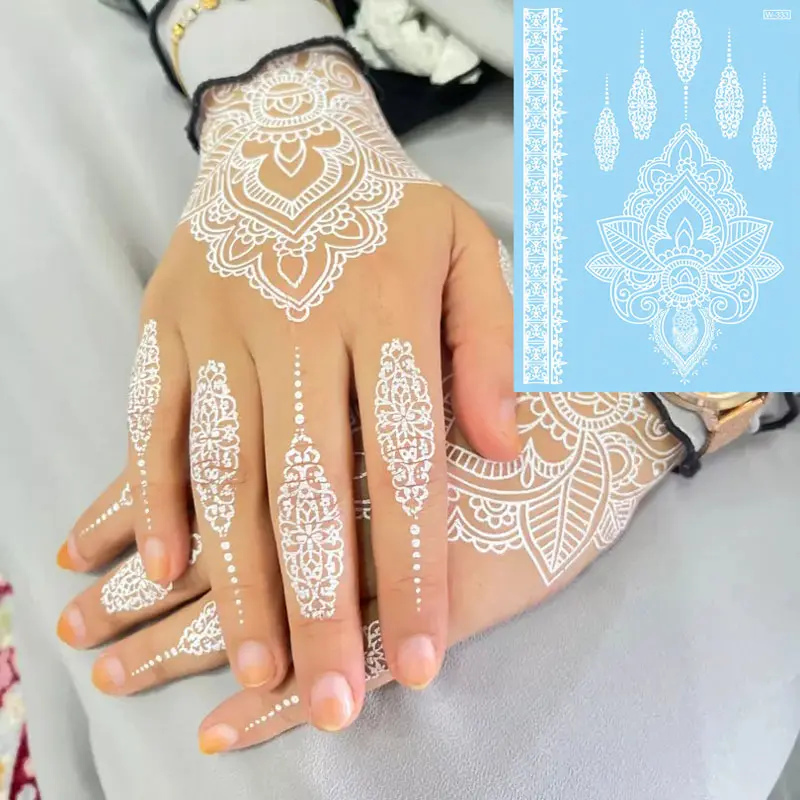 White Henna Hand Tattoo Lace Waterproof Temporary Tattoos For Women Bride Henna Design Stickers Wedding Decoration