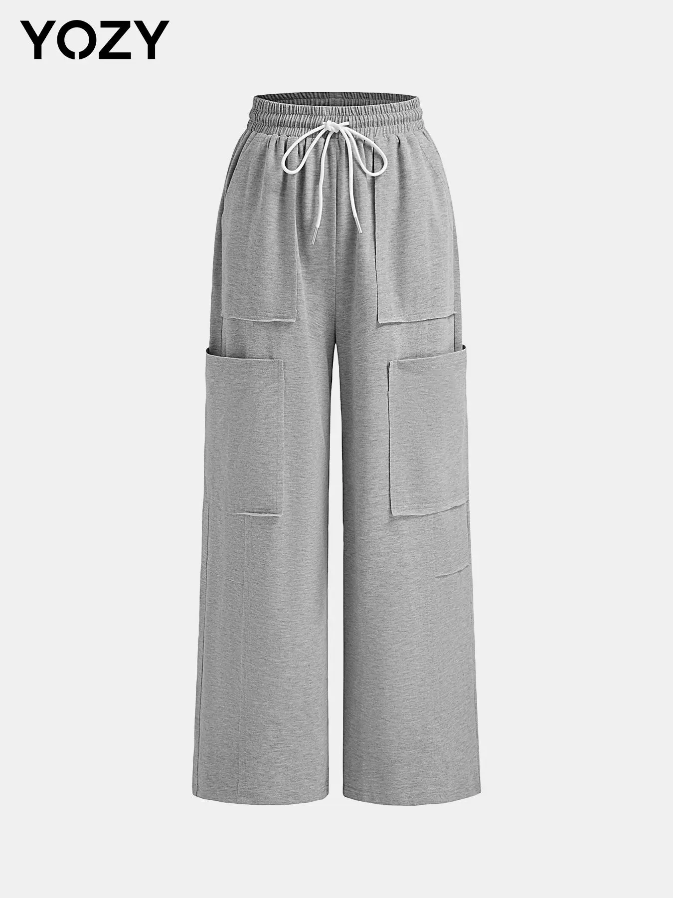 YOZY Women's Plain Drawstring Waist Wide Leg Sweatpants, Casual Pocket Wide Leg Trousers for Fall & Winter, Women's Bottoms for Daily Wear