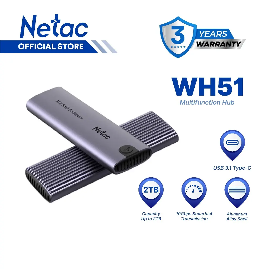 Netac SSD Enclosure WH51 External M.2 NVMe / SATA SSD Case USB 3.1 Gen2 10Gb/s to M-Key(M&B key) NVMe & SATA Aluminum Cover Compatible with 2280/2260/2242/2230 with USB 3.0 A to C/ USB 3.0 C to C cable