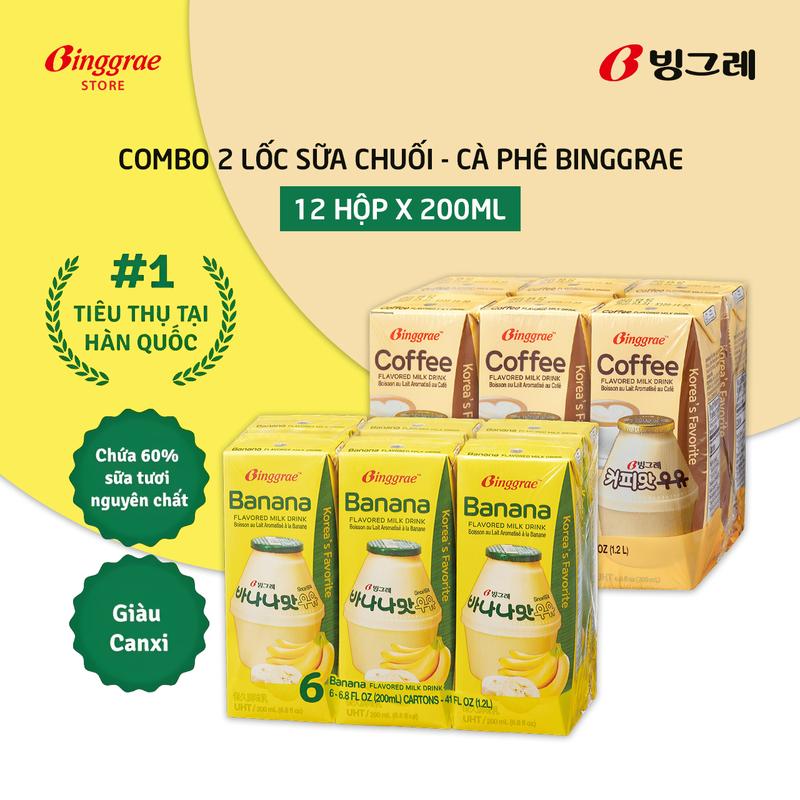 Combo 2 Lốc Sữa Chuối – Cà Phê Hàn Quốc Binggrae (200ml x 12 hộp)