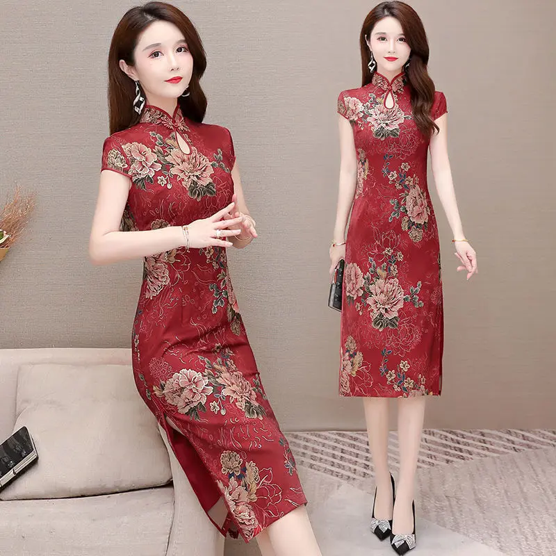 Váy Mẹ Lụa Lạnh Hàng Mới Về Mùa Hè 2023, Váy Sườn Xám Cải Tiến, Cao Cấp, Trung Người Già Và Cao Tuổi, Thanh Lịch, Cỡ Nhỏ Thích Hợp Cho 40 Đến 50 Tuổi