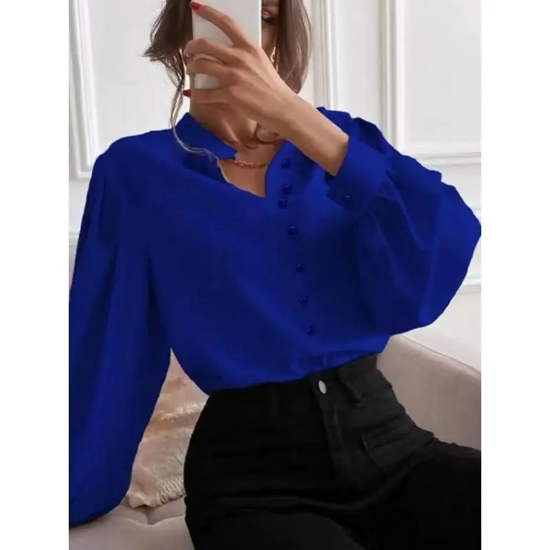 Women's Shirt 2024 Spring New Elegant Solid Color Lapel Long Sleeve Single Row Button Loose Women's Top
