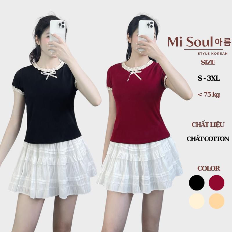 Áo Thun Đính Nơ Viền Ren Chất Liệu Cotton BigSize MiSoul, Áo Babytee Mix Viền Ren 300 Nữ Women Top Cổ Tròn