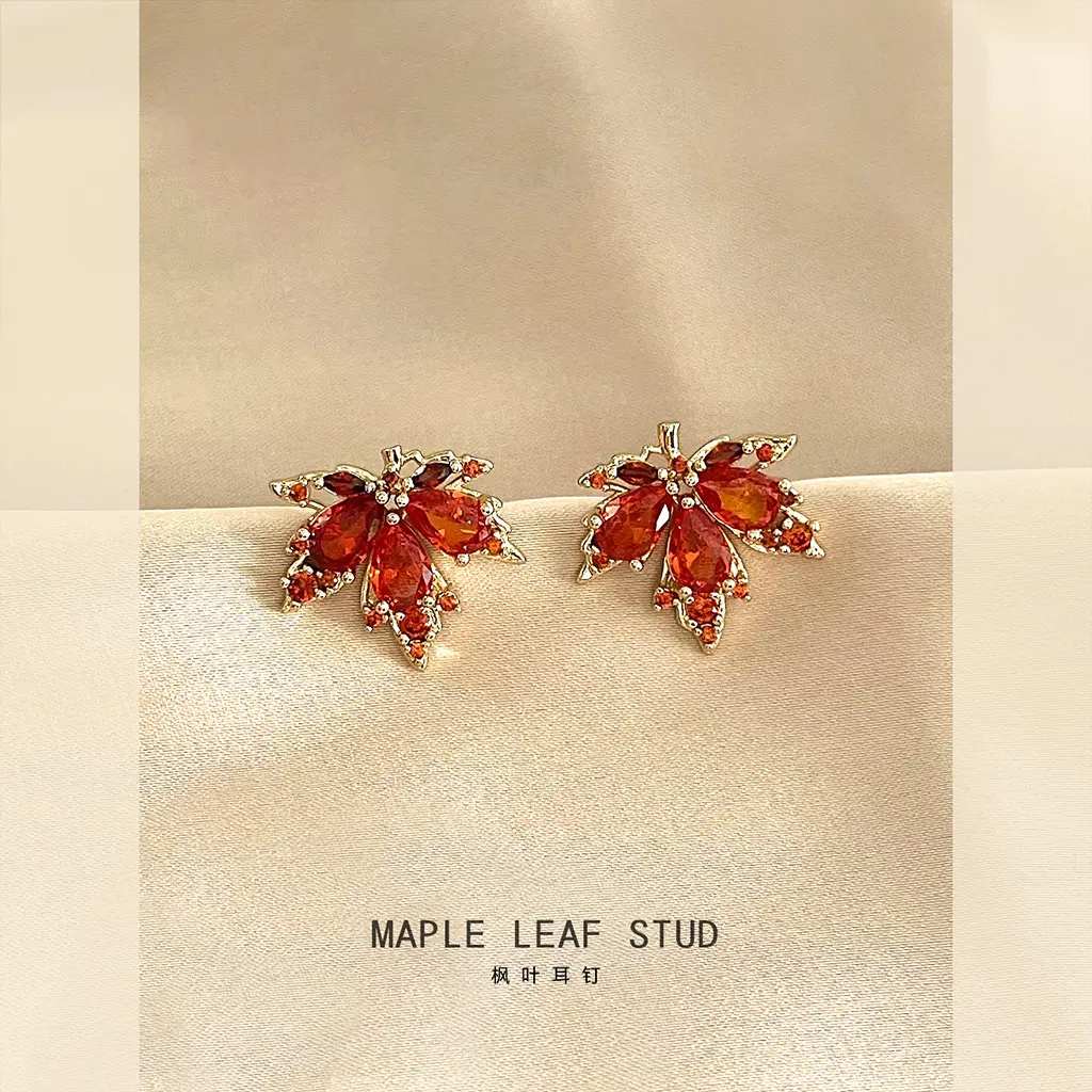Micro Paved Zircon Red Maple Leaf Earrings for Women 925 Silver Needle Earrings 14K Plated Niche Personality Earrings Light Luxury Niche Earrings Gift for Girls on Holidays