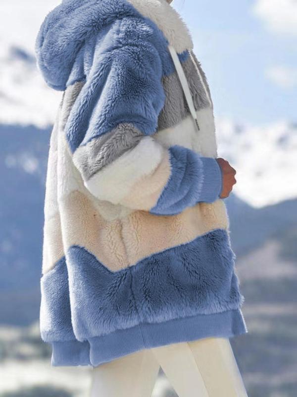 Women's Colorblock Drop Shoulder Hooded Polar Fleece Coat, Fashion Casual Long Sleeve Zip Up Warm Outerwear For Daily Outdoor Wear, Women's Clothing 1