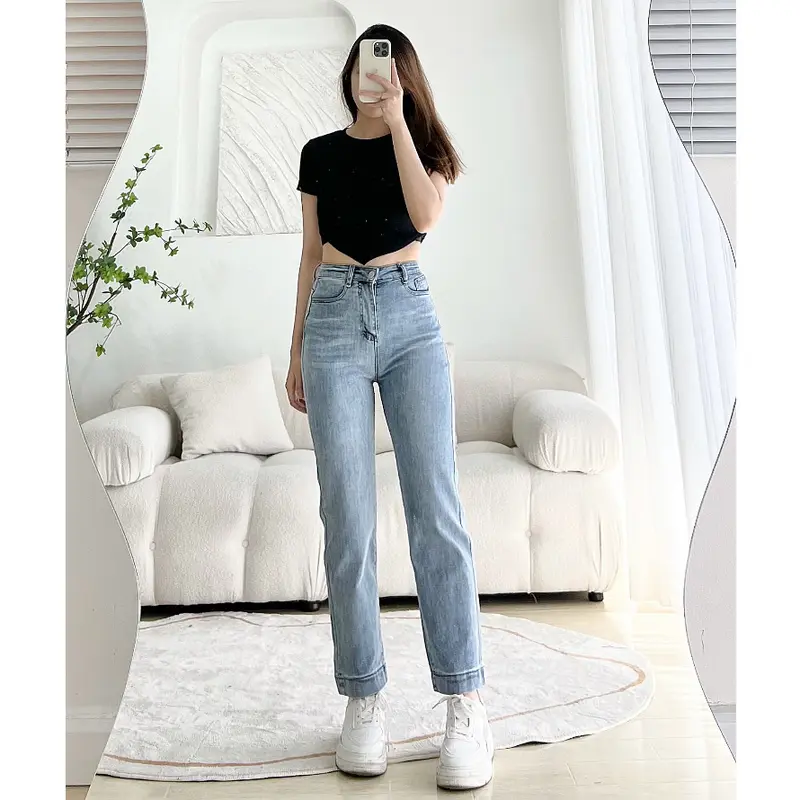CH01 - Quần jean nữ ống đứng gấu to lưng cao co giãn 4 chiều Women 0