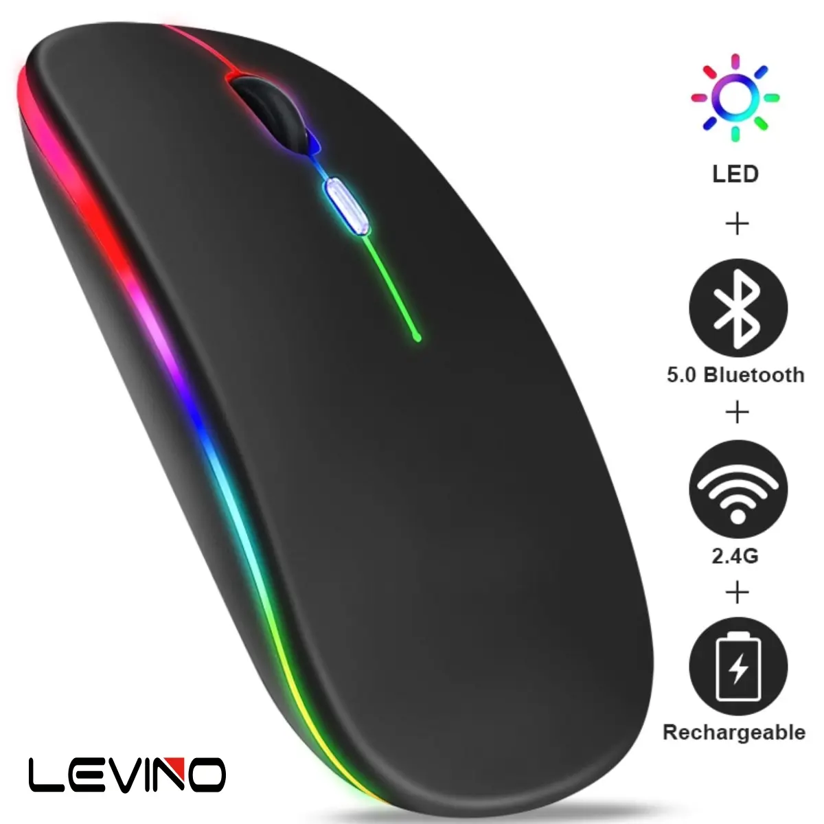 LEVINO Rechargeable Bluetooth Wireless Mouse with 2.4GHz USB RGB 1600DPI Mouse for Computer Laptop Tablet PC Macbook Gaming Mouse Gamer Keyboards Light Office Red