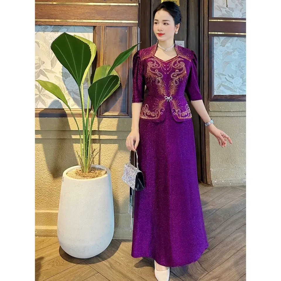 Đầm Trung Niên Dạ Hội M488 Vải Nhủ Ép Đá co giãn Từ 50-75kg Ôm gọn Thanh lịch Dress Váy Nữ Women Màu Trắng