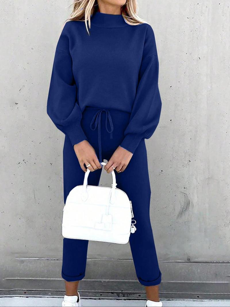 Product Introduction of Women's Solid Drop Shoulder Mock Neck Sweatshirt & Drawstring Waist Pants Two-piece Set, Casual Fashion Cozy Breathable Two Piece Outfits for Daily Outdoor Wear, Women Clothes for Fall & Winter 4