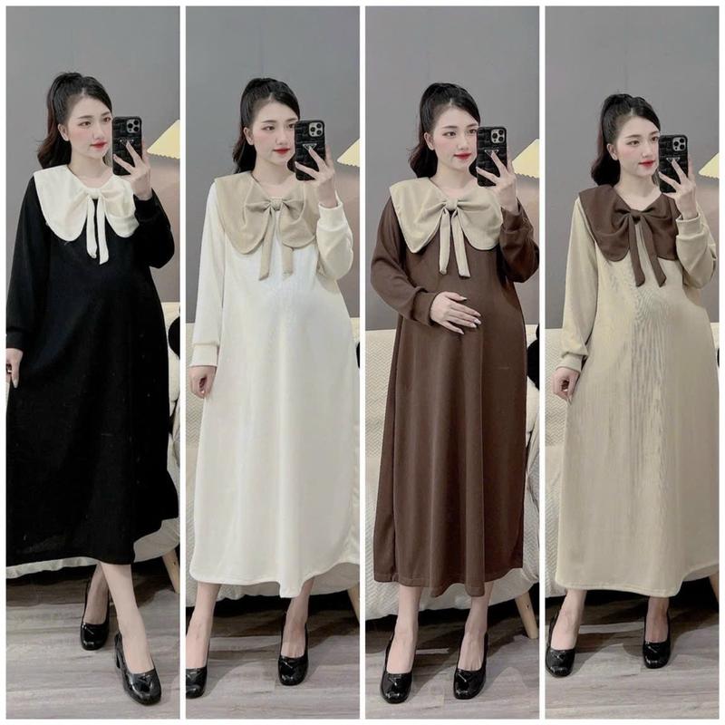 Váy bầu Xuông Thiết Kế Cổ Nơ Phối Màu Dáng Tiểu Thư Váy bầu Thu Đông Dài Tay