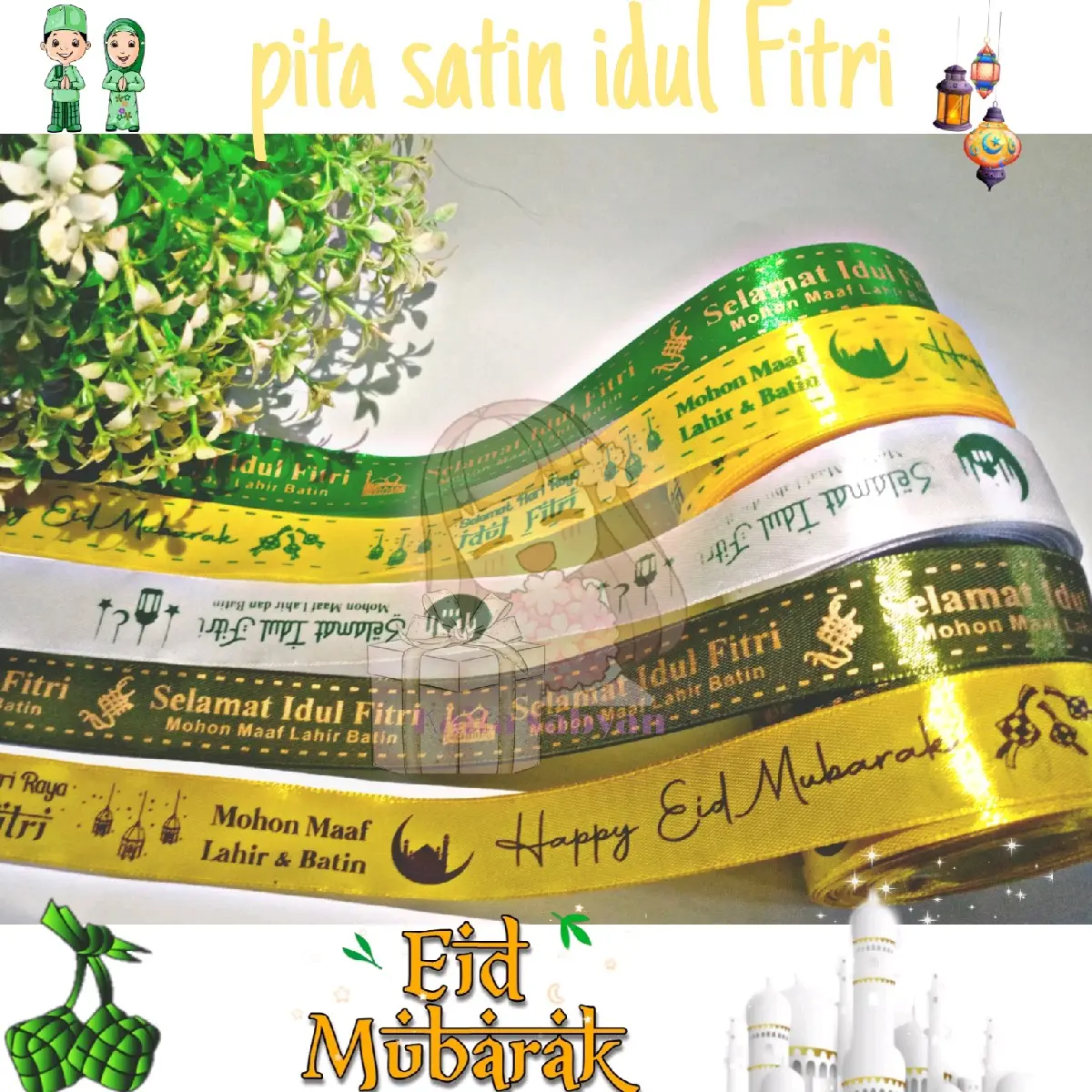 ( 1 roll ) PITA SATIN IDUL FITRI 1 INCH 2.5 CM PITA KADO HIASAN HAMPERS PARCEL LEBARAN EID MUBAROK 1.5 inch 4 cm
