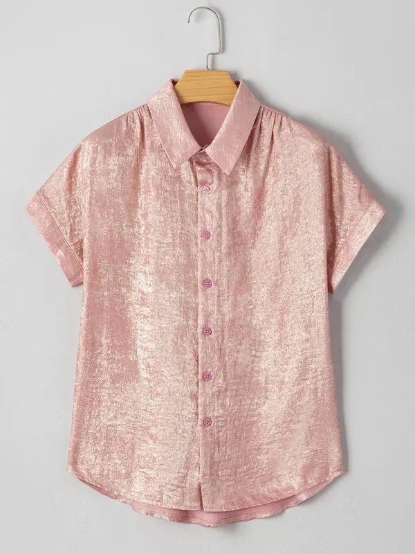 Women's Metallic Button Shirt, Elegant Curved Hem Short Sleeve Top for Spring & Fall, Ladies Clothes for Daily Wear 3
