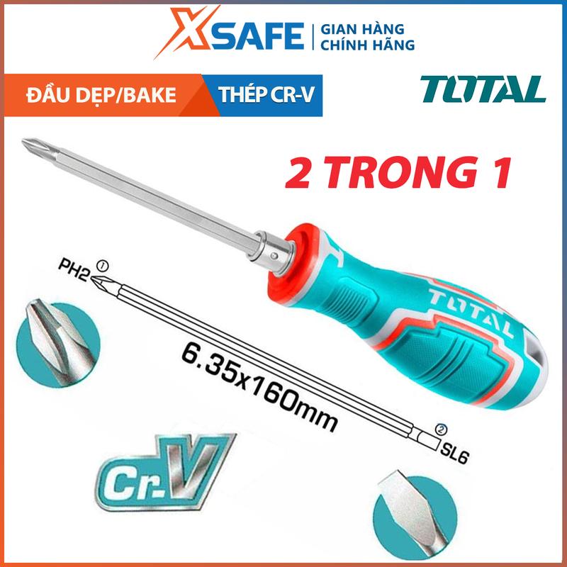 Tua vít 2 đầu TOTAL dài 160mm, tuốc nơ vít 2in1 đầu bake đầu dẹp hoán đổi, chất liệu thép CR-V, tay cầm bọc cao su chống trơn trượt