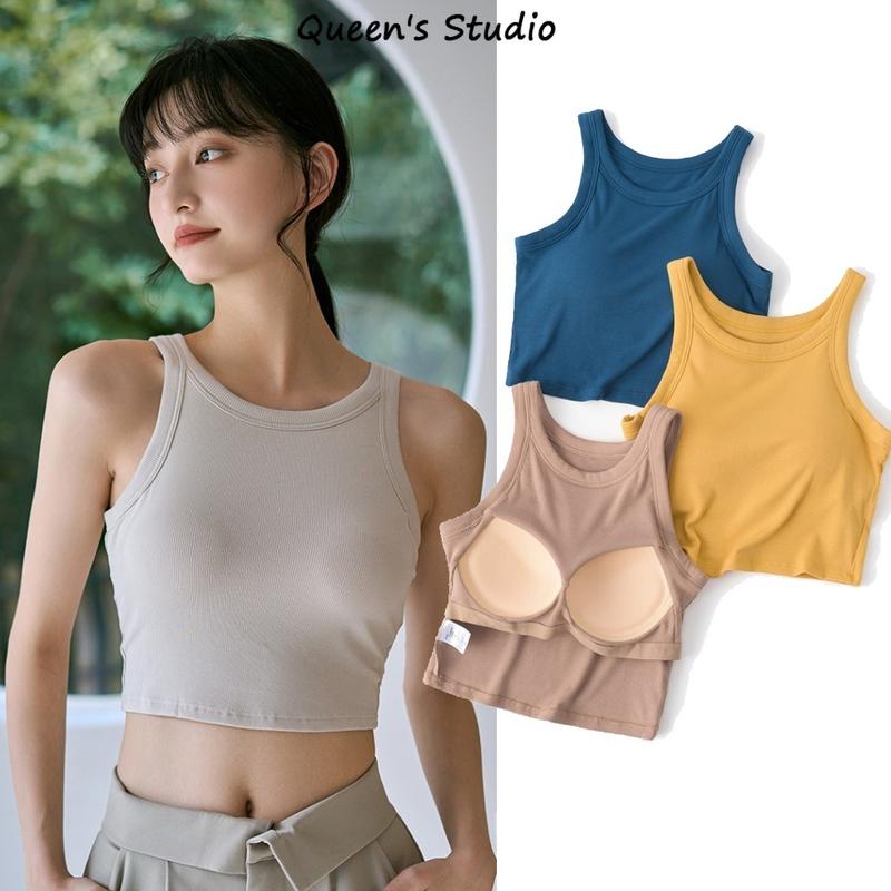 Áo Crop Top Cổ Điển Cổ Tròn, Ngắn, Dành Cho Nữ, Có Đệm Ngực, Áo Vest Mỏng, Thích Hợp Tập Thể Dục Và Yoga, Không Tay, Chất Lượng Cao, Áo, Queen 'S Studio Sport Tập Yoga 0