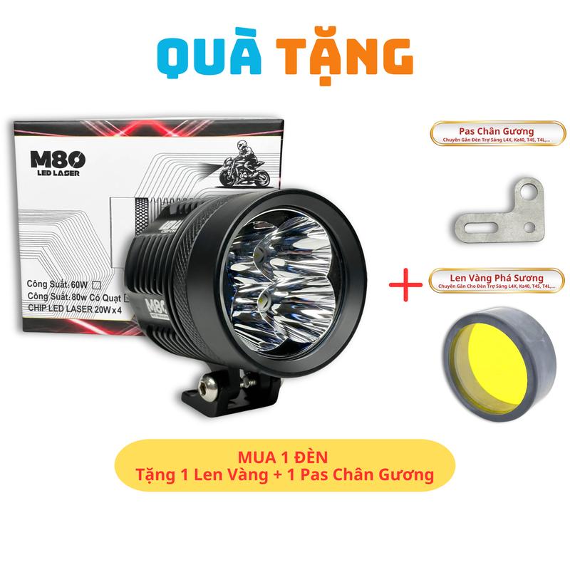 Đèn LED Trợ Sáng M80 Laser - 80W 12,24V 6000K Sáng Trắng Gom Chiếu Xa Trên 200m Lắp Oto Xe Máy Có Quạt Tản Nhiệt- Bảo Hành 12 Tháng
