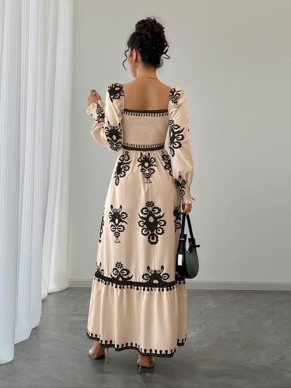 Women's All Over Print Shirred Bishop Sleeve A Line Dress, Long Sleeve Dress for Fall & Winter, Women's Clothing for Vacation Holiday, Holiday Dresses 1