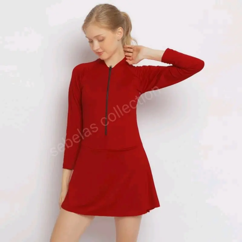 Baju Renang Wanita Dewasa Diving Rok tangan panjang Polos Perempuan Swimwear