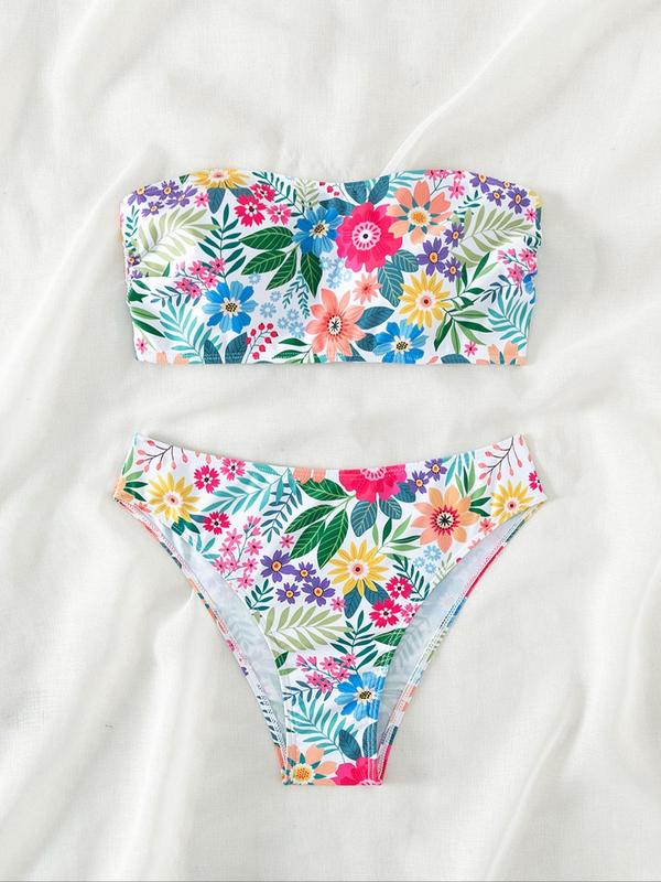Women's Floral Print Bikini Set, Boho Fashion Sleeveless Swim Tube Top & Swim Bottom, Ladies Swimsuit Sets for Summer Beach Holiday, Bathing Suits 2024 for Women, Bikinis Sets 2