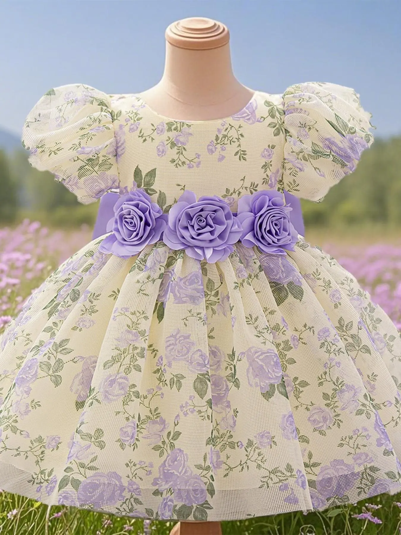 Toddler Girl's Floral Print Bow Decor Mesh Overlay Dress, Cute Romantic Puff Sleeve Square Neck Satin Dress for Party Wedding Guest, Kids Clothes for All Seasons