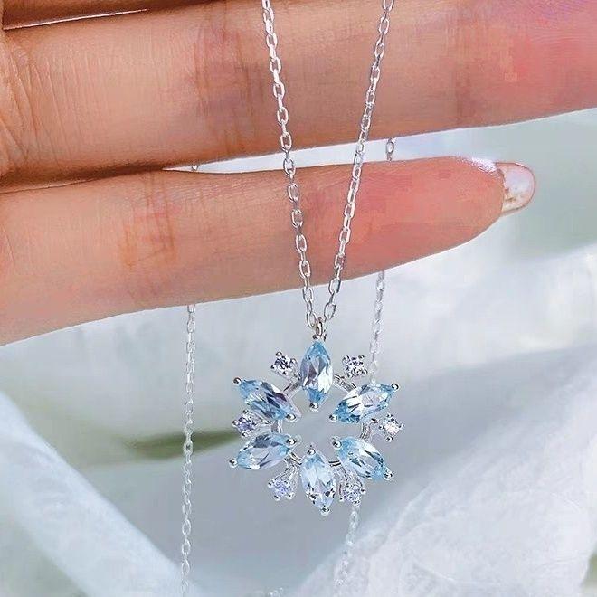 New Rhinestone Sky Blue Glass Snowflake Necklace for Women Light ...