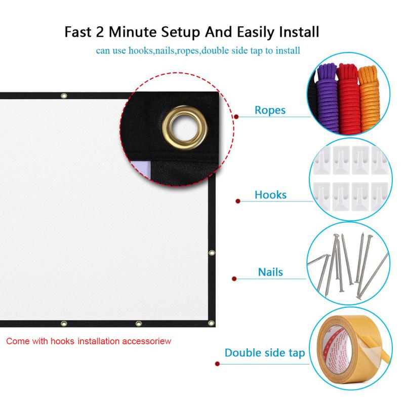 Màn hình máy Chiếu LED, Cầm Tay, Chiếu hình 16: 9, Vải có thể gập lại, Có sẵn trong 60 / 72 / 84 / 100 / 120 / 150 inch, Thích hợp cho gia đình, ngoài trời và văn phòng, Màn hình chiếu 3D HD Projector 6