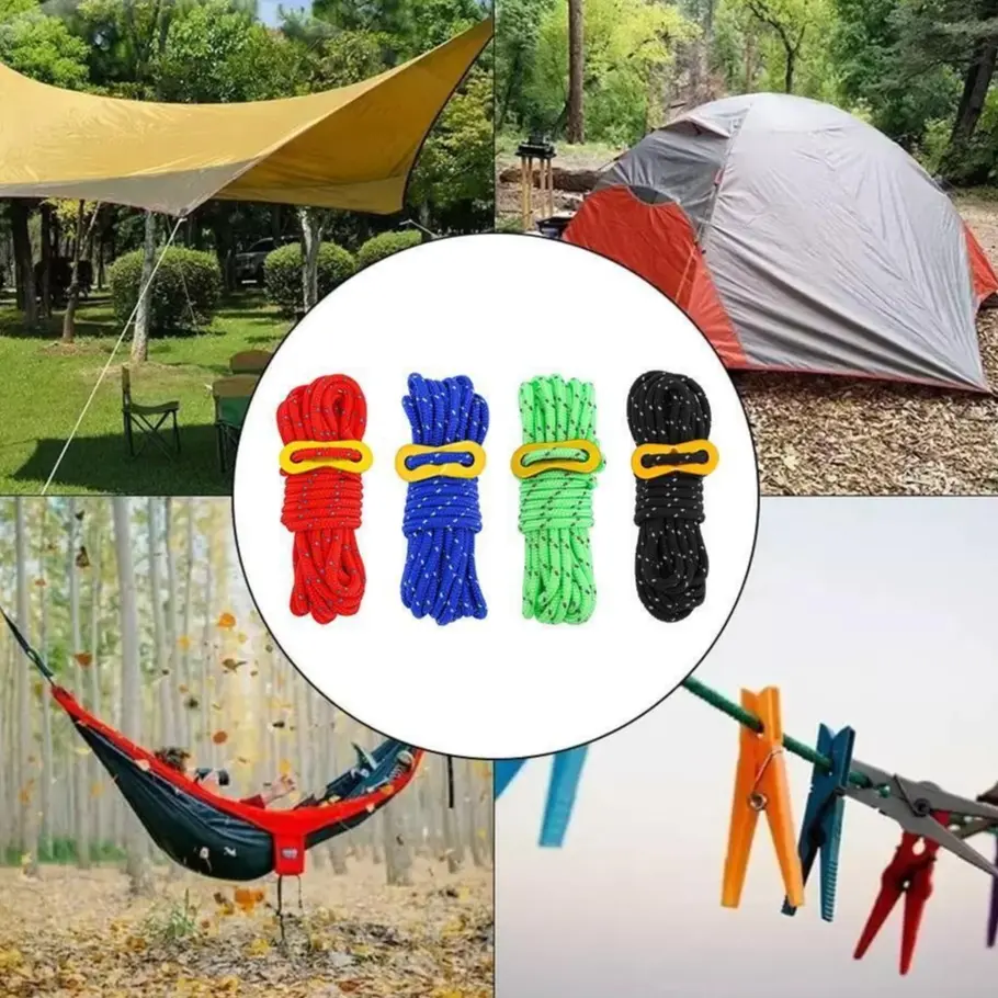 Tali Reflektif, 4m, dengan Kunci, untuk Perkhemahan, Tali Khemah Kanopi, Tali Angin Paracord, Awning Nilon