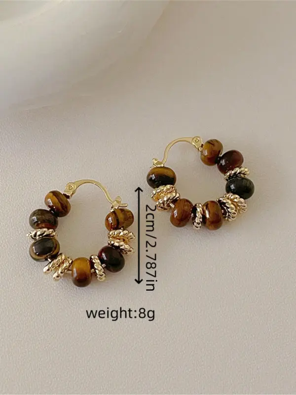 Vintage Tiger Eye Stone Decorated Hoop Earrings, Fashionable Jewelry for Women & Girls, Trendy All-match & Exquisite Jewelry for Birthday Gift 1
