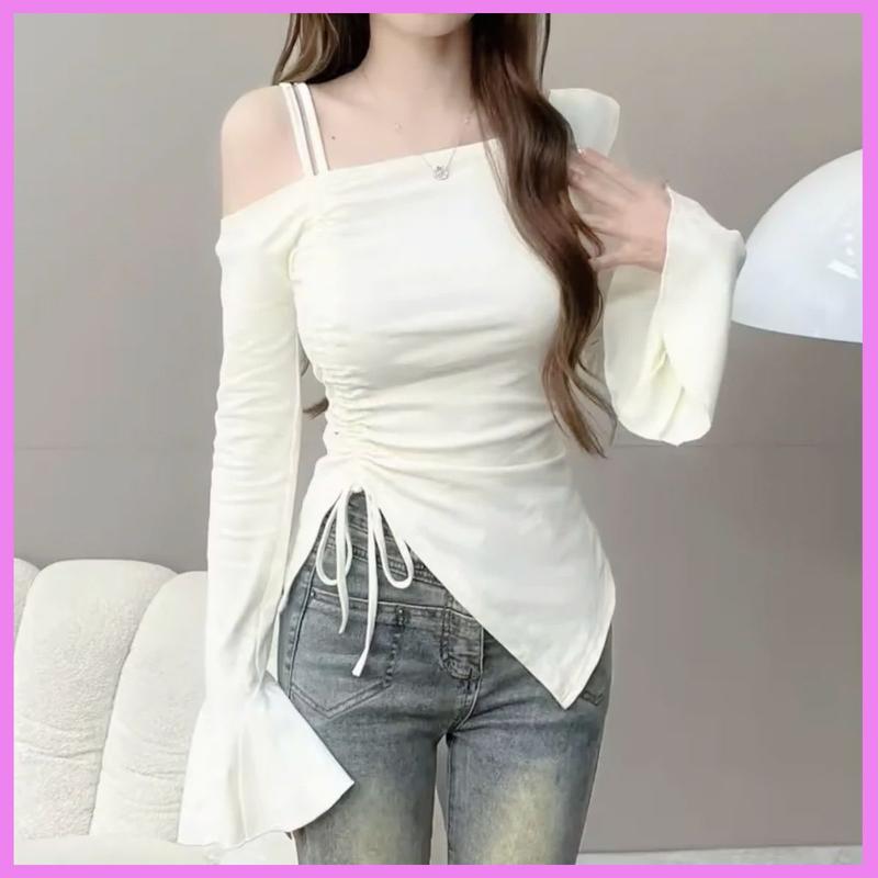 Áo Trễ Vai Dài Tay RANSHI Thiết Kế Xẻ Tà Phối Dây Rút Ôm Body Cho Nữ Chất Thun Tăm Thái Women Áo Kiểu Nữ Áo Trễ Vai Xinh Đẹp- RA270 Top