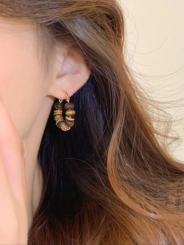 Vintage Tiger Eye Stone Decorated Hoop Earrings, Fashionable Jewelry for Women & Girls, Trendy All-match & Exquisite Jewelry for Birthday Gift 2