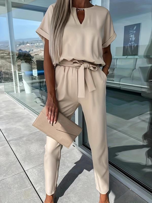 Women's Solid Belted Jumpsuit, Elegant Batwing Sleeve Pocket Jumpsuit for Summer, Fashion Women's Clothes for Daily Wear 2
